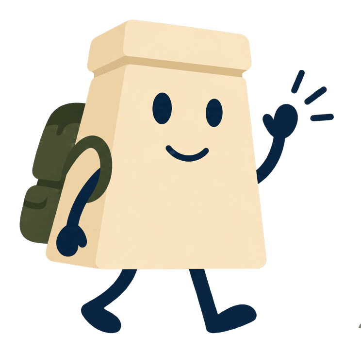 TrigPointer mascot, a cream trig point with a backpack, waving hello